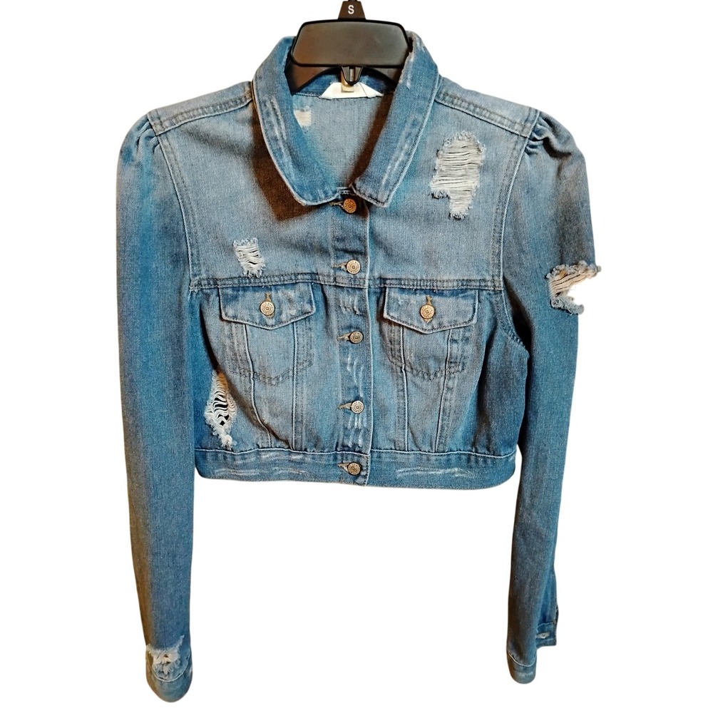 Hot Kiss Distressed Cropped Denim Jacket Medium Wash Puff Shoulder Blue Size M